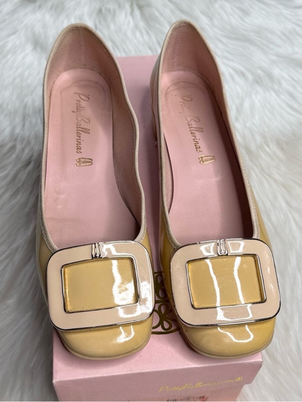 Pretty Ballerinas Pale Yellow Patent Leather Buckle Toe Ballet Flats